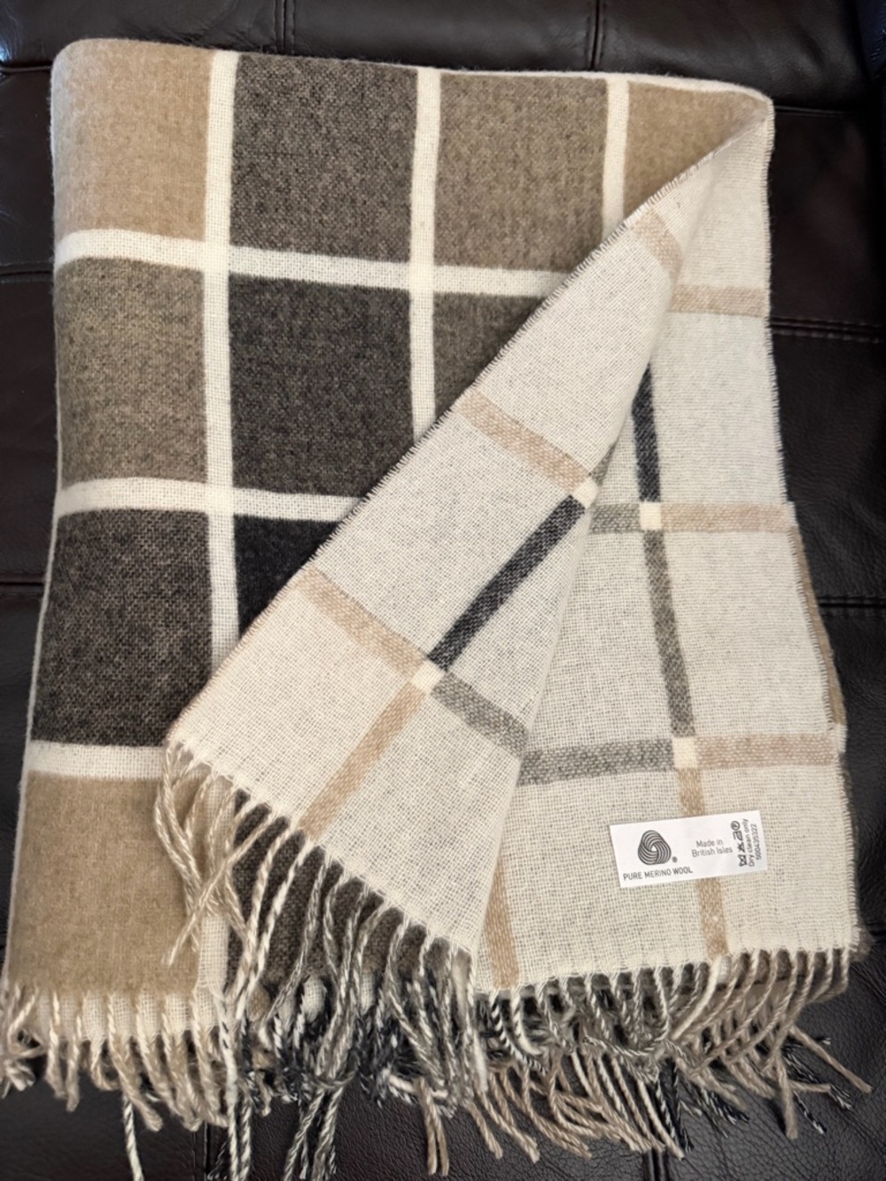 Bronte By Moon Pure Merino Lambswool Throw Blanket Beige Brown 68x56”